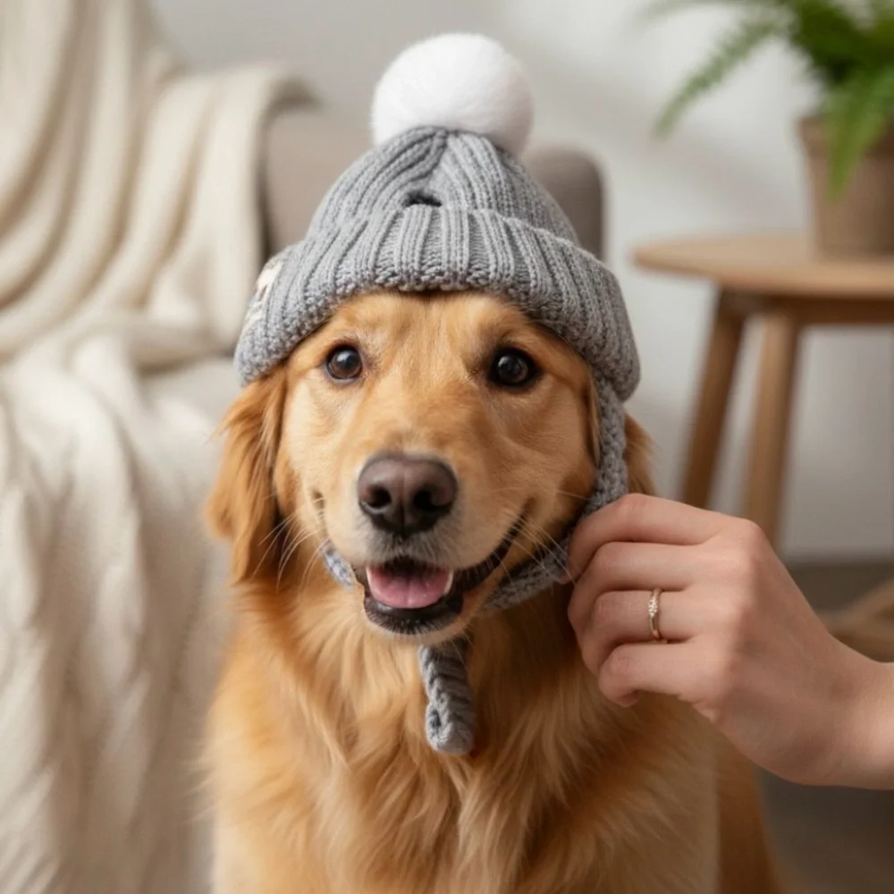 HAPPY DOOOOOG Soft Knit Dog Hat w/Pom Trim, Ear Holes + Chin Strap in Grey - NWT - Picture 11 of 13